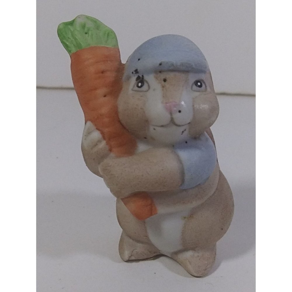 Vintage Bunny Figurine 2in Brown Carrot Blue Hat Top Rabbit Ceramic Figure